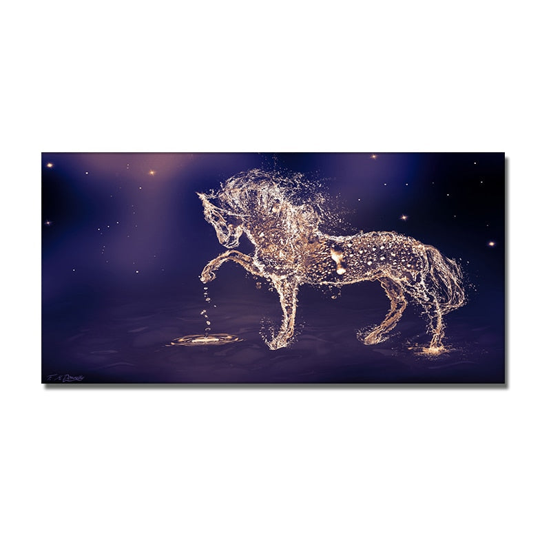 Seven Running White Horse Gold Wall Art Canvas