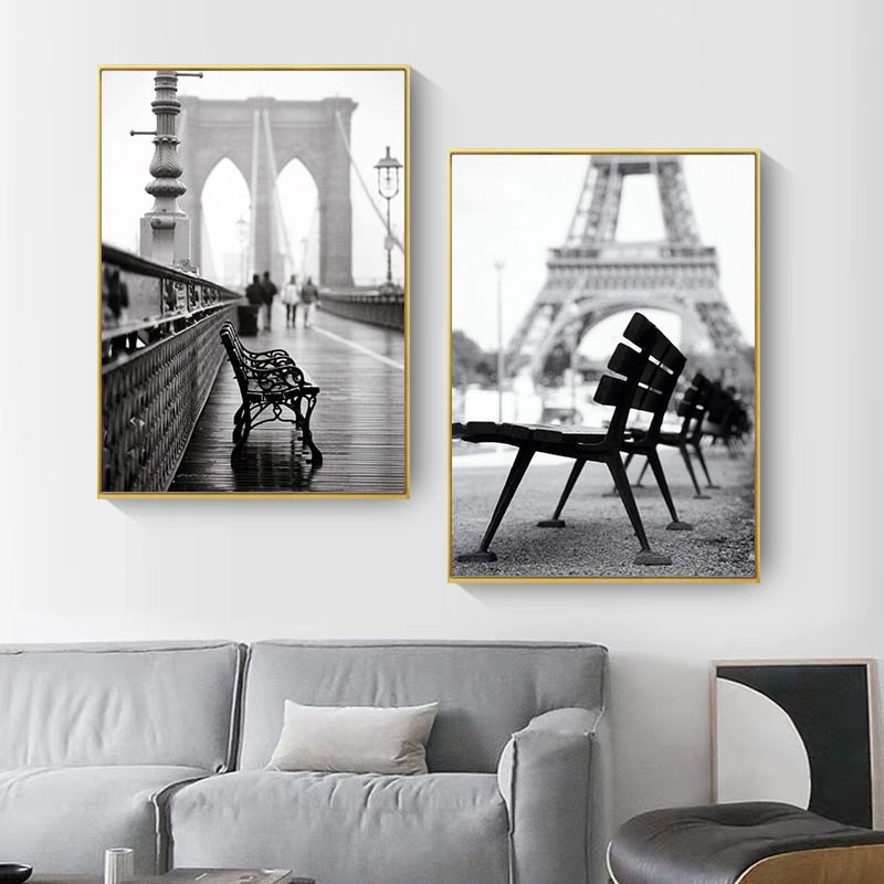 Black and White Brooklyn Bridge London Bridge Eiffel Tower Canvas Art