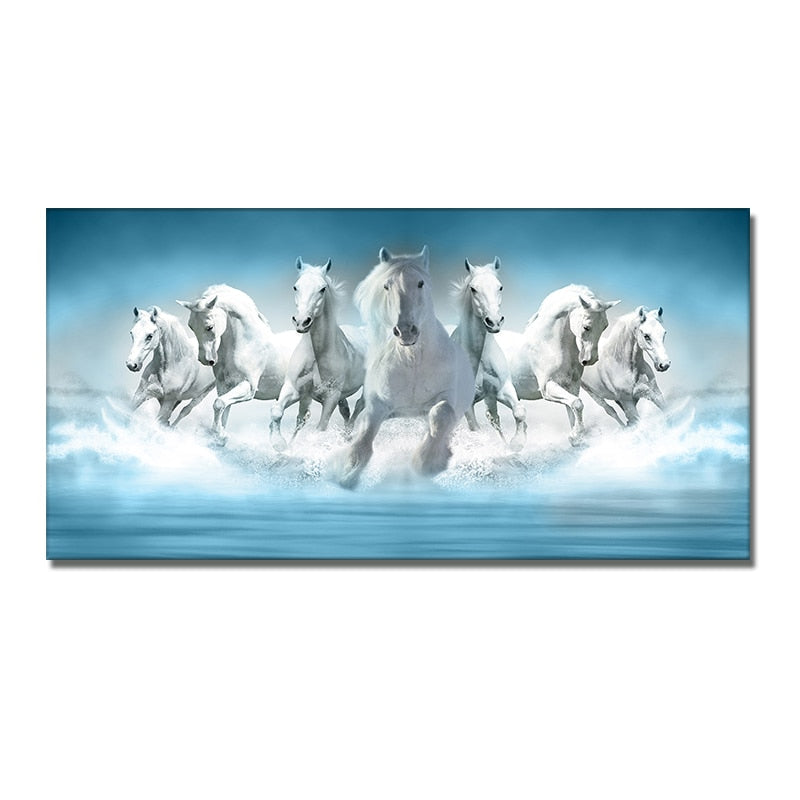 Seven Running White Horse Gold Wall Art Canvas