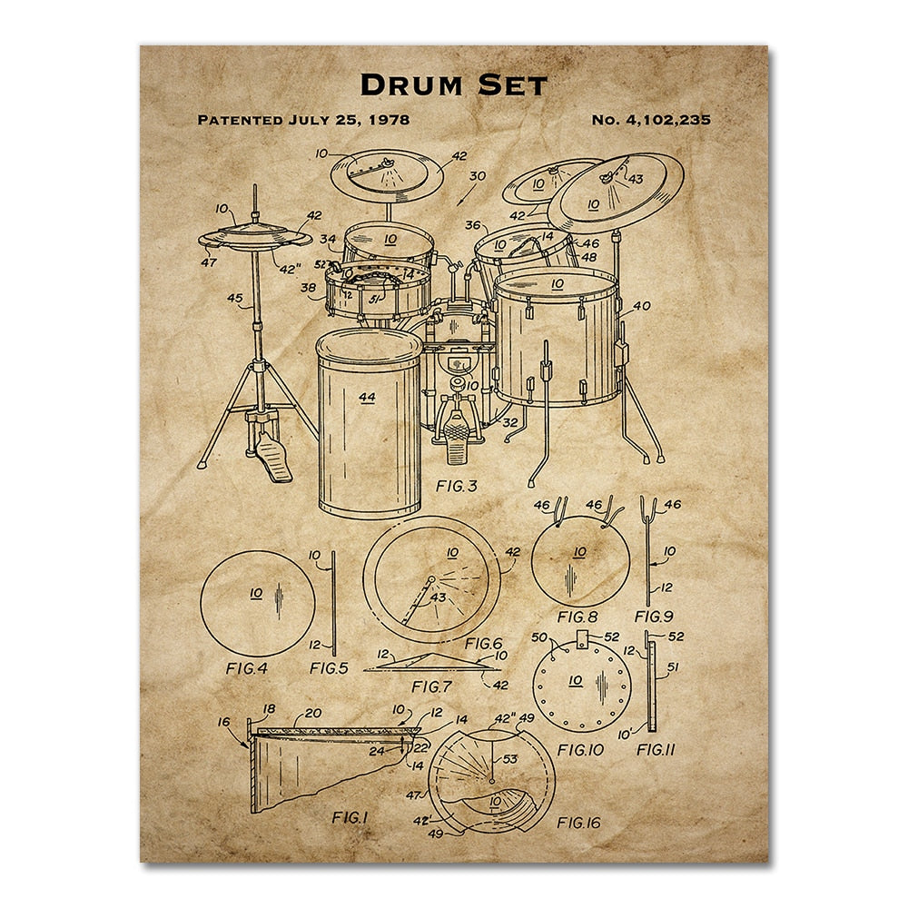 Drum Set Music Instrument Patent Blueprint Canvas Art