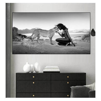 Black and White Snow Leopard with Nude Woman Canvas Art