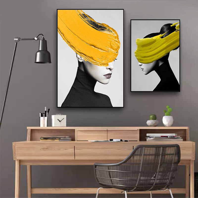 Beauty Woman Black and White Lemon Yellow Gold Foil Canvas Art