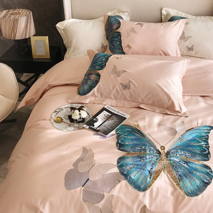 Pink Butterfly Egyptian Cotton Duvet Cover Bedding Set