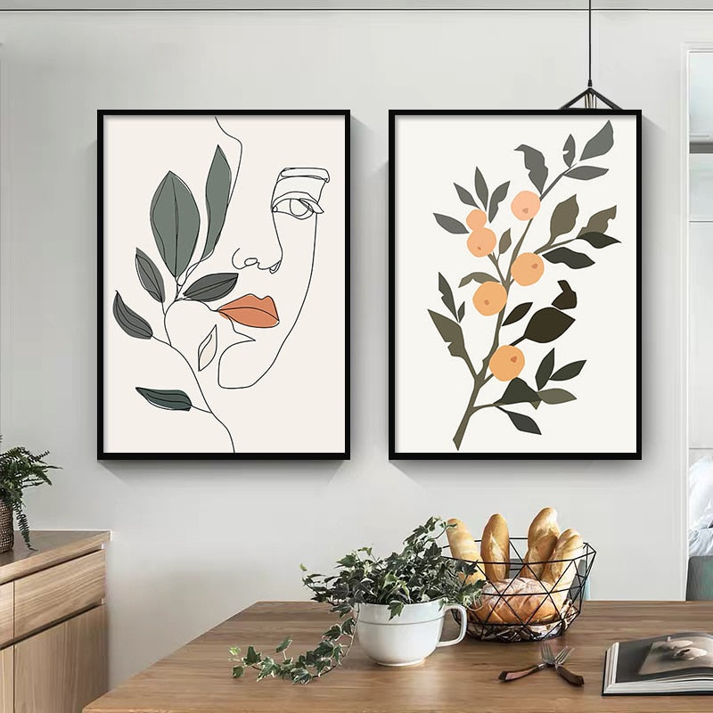 Nordic Simple Line Drawing Woman Flower Canvas Art