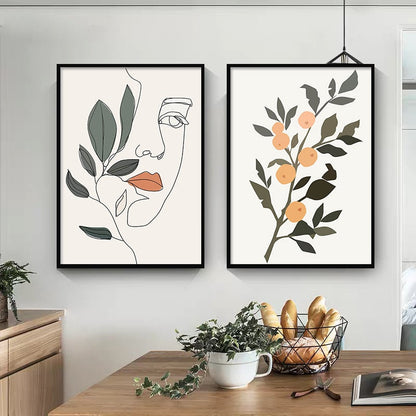 Nordic Simple Line Drawing Woman Flower Canvas Art