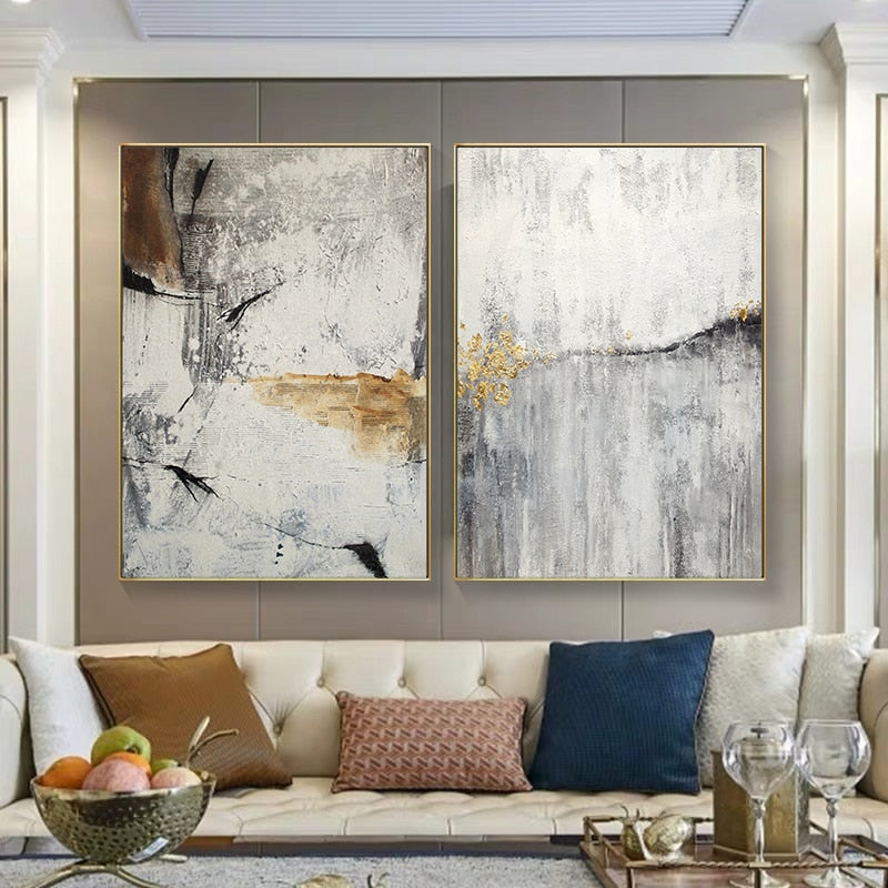 Gray Marble Abstract Gold Line Canvas Art