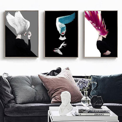 Fashion Girl and Colorful Feathers Canvas Art