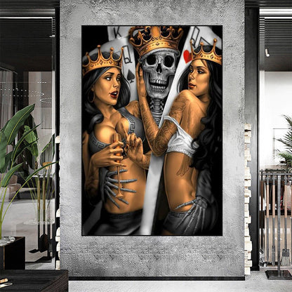 Skeleton King and Queen Poker Sexy Girl Canvas Art