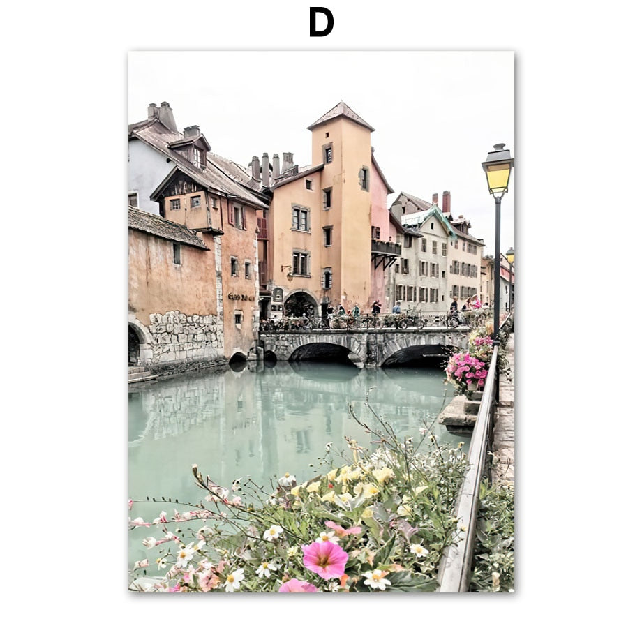 Old Town Street Small River Canvas Art