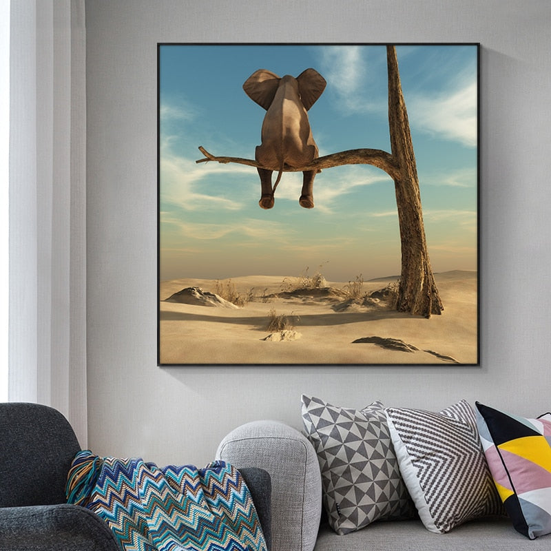 Funny Little Elephant on Tree Canvas Art