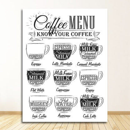 Black and White Coffee Shop Menu Wall Art Kitchen Canvas