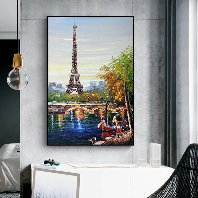 Paris Tower Seine River Oil Painting Wall Art Canvas