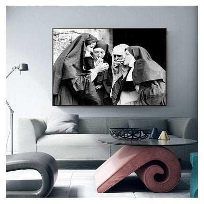 Black and White Poster Smoking Nuns Canvas Art