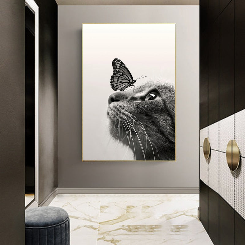 Black and White Cat Butterfly Canvas Art