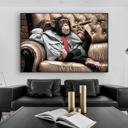 Baby Chimpanzee Smoking on the Sofa Wall Art Canvas