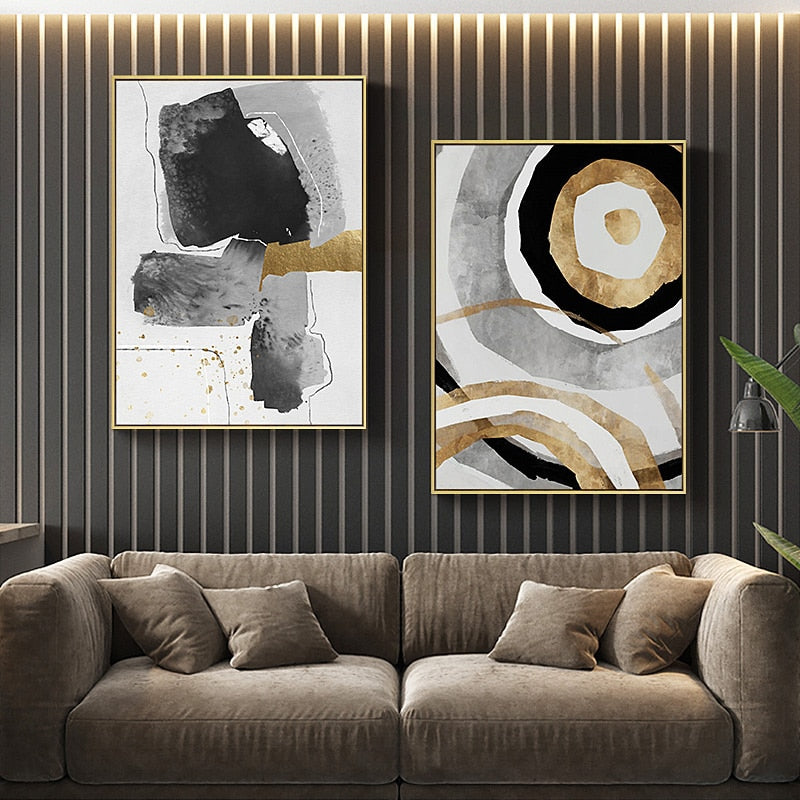 Abstract Black White Gold Canvas Art