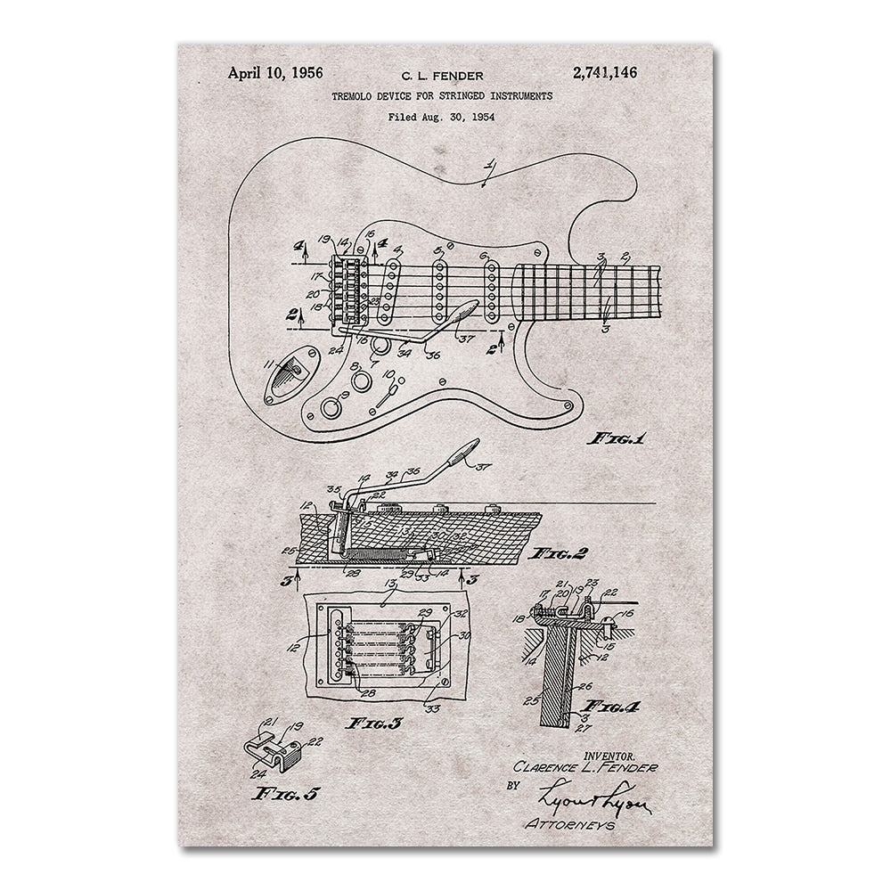 Electric Guitar Fender Tremolo Blueprint Canvas Art