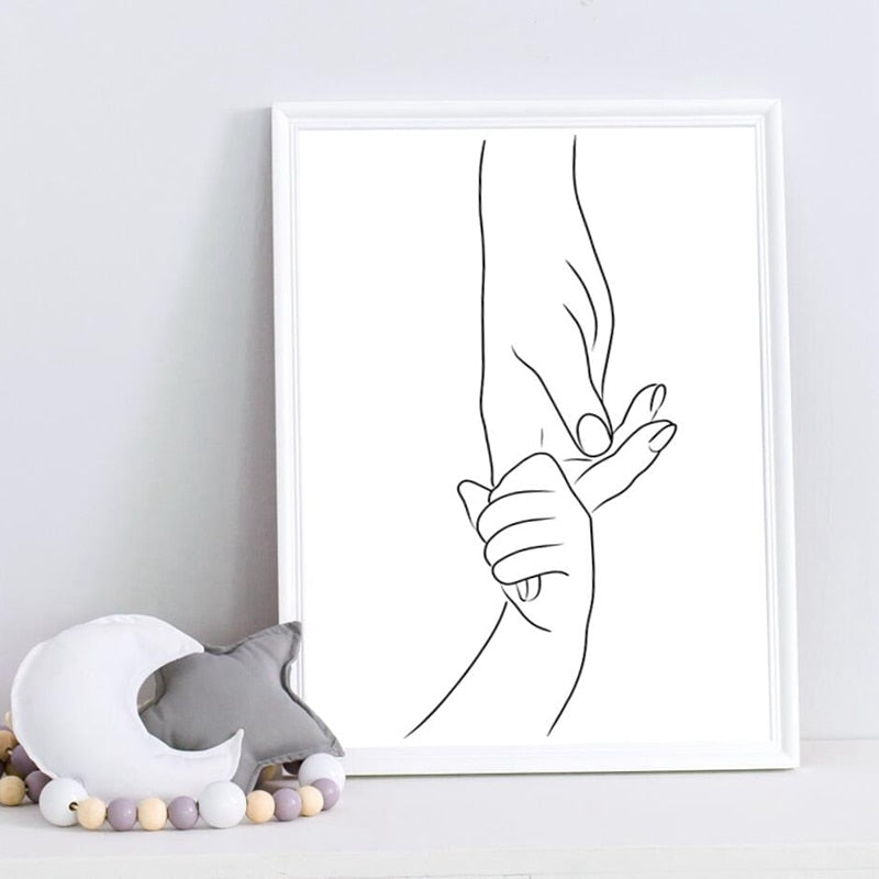 Mom and Child Holding Hands Line Canvas Art