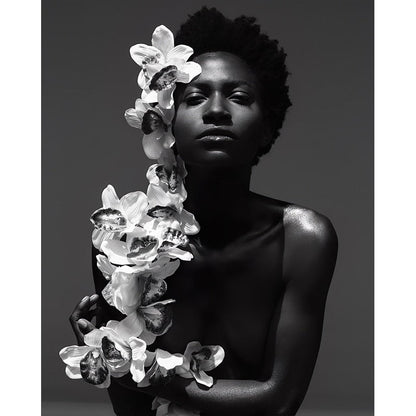 Black & White African Woman with Flowers Canvas Art