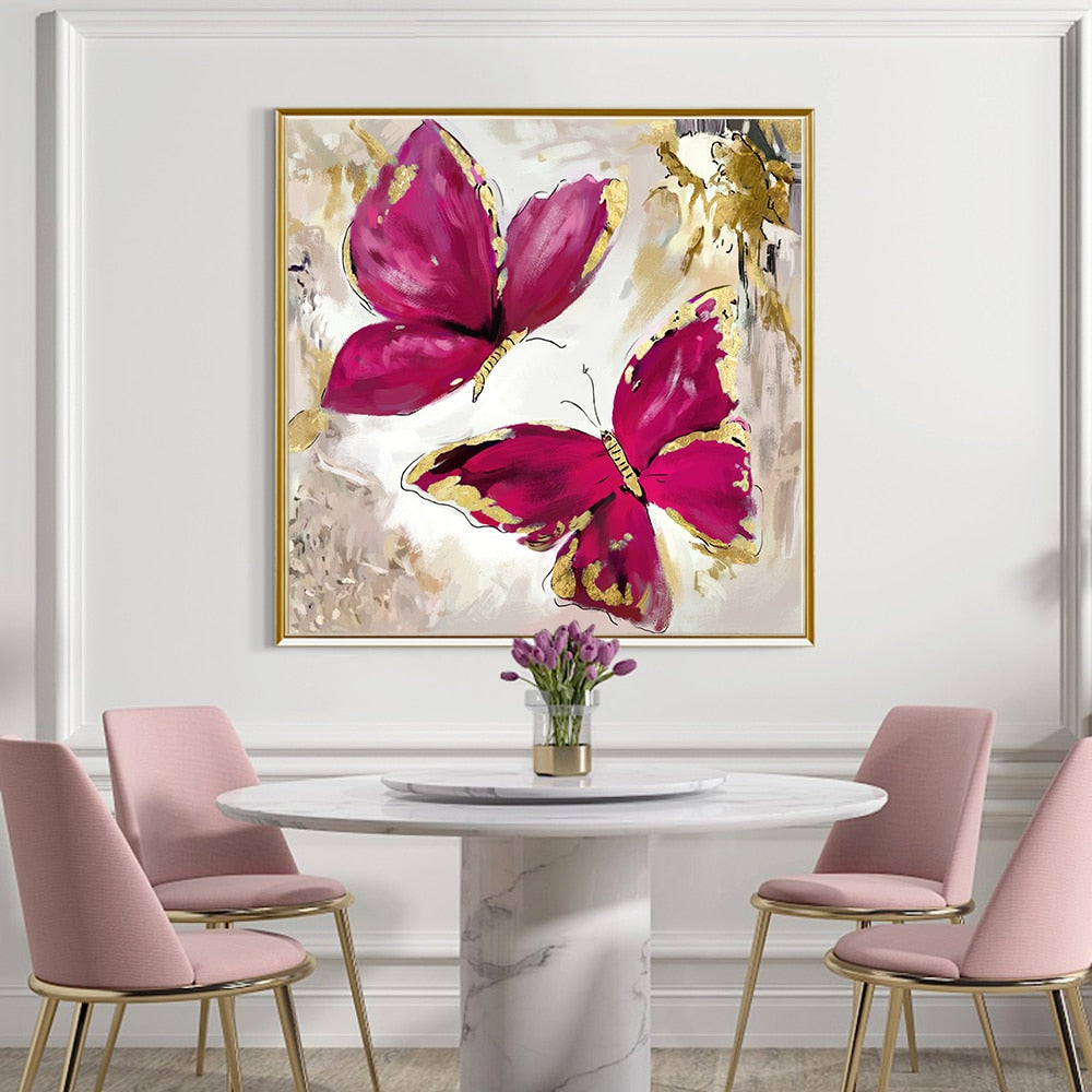 Red Gold Butterflies Painting Canvas Art