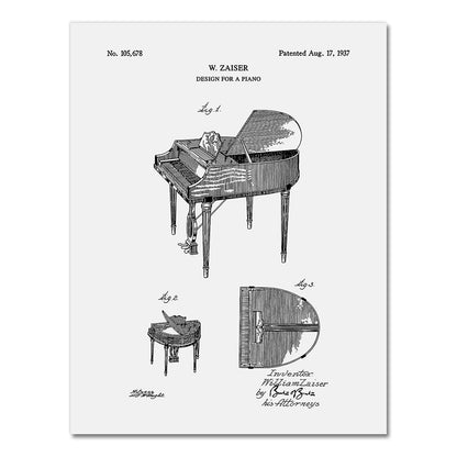 Retro Piano Patent Blueprint Canvas Art