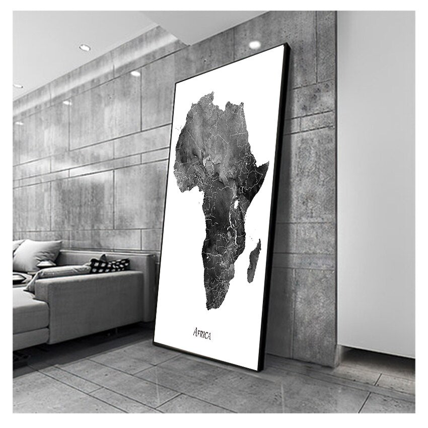 Gray Black and White Map of Africa Canvas Art