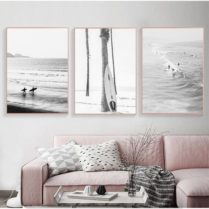 Black and White Ocean Surfing Coastal Beach Canvas Art