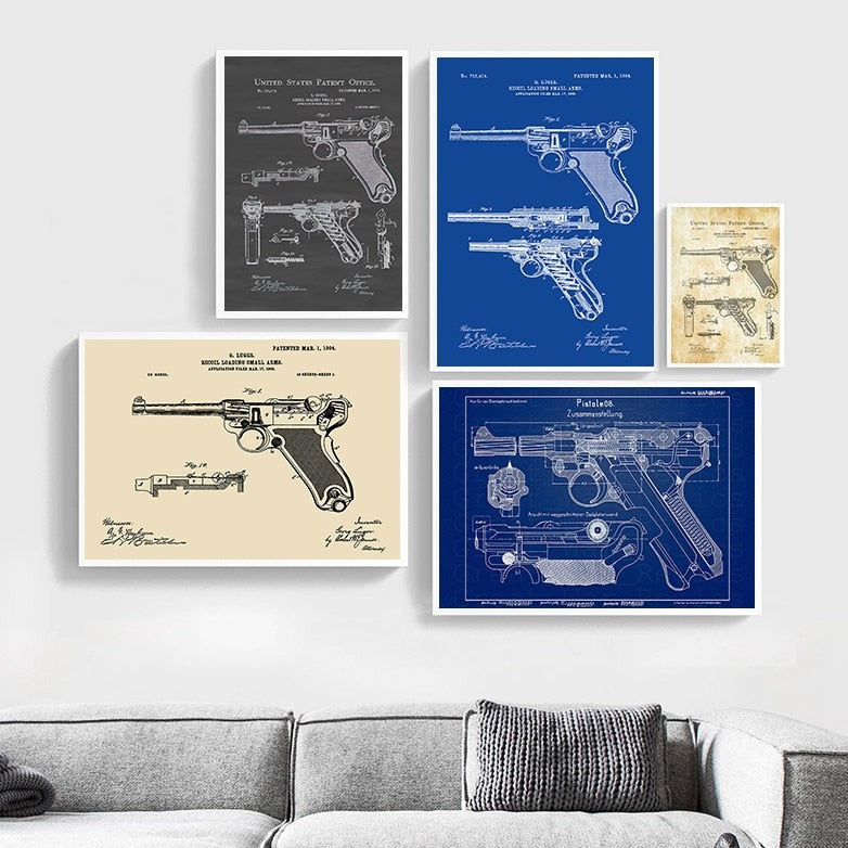 Gun Luger Pistol Patent Blueprint Canvas Art