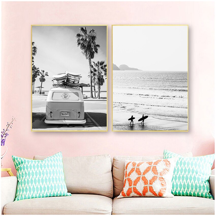 Black and White Beach Palm Surf Canvas Art