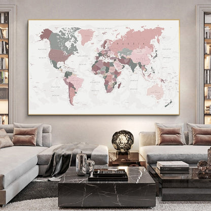 Pink World Map Canvas Art