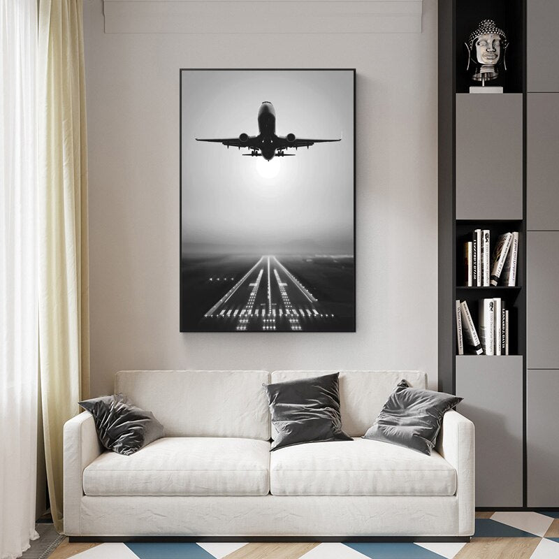 Plane Take Off Black and White Canvas Art