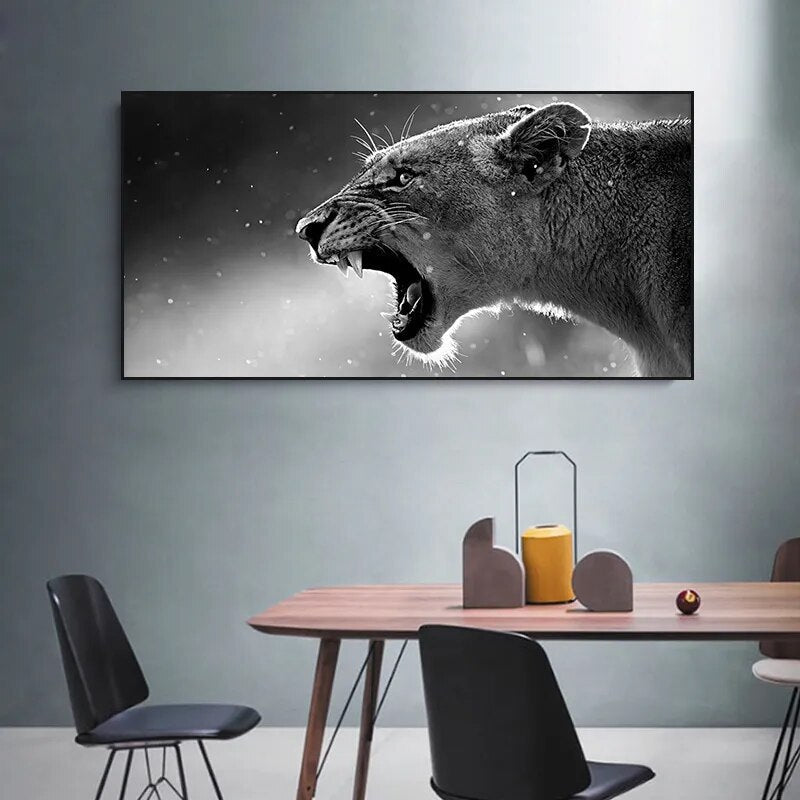 Black And White Roaring Lion Wall Art Canvas