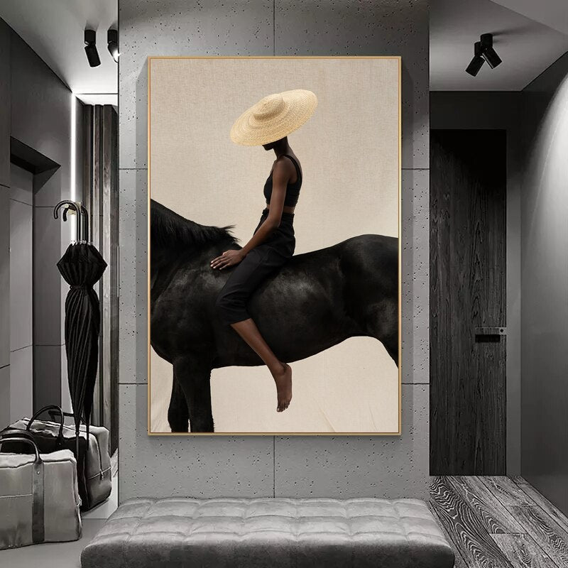 Woman Riding A Horse with A Hat Canvas Art