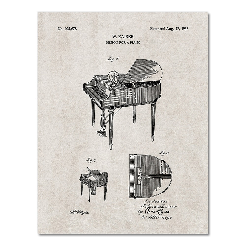 Retro Piano Patent Blueprint Canvas Art