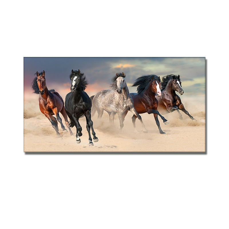 Seven Running White Horse Gold Wall Art Canvas