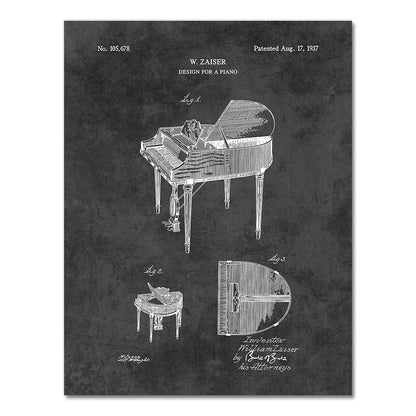 Retro Piano Patent Blueprint Canvas Art