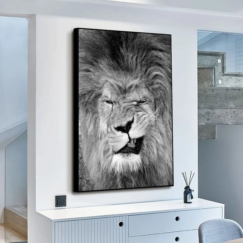 Black And White Funny lion Wall Art Canvas