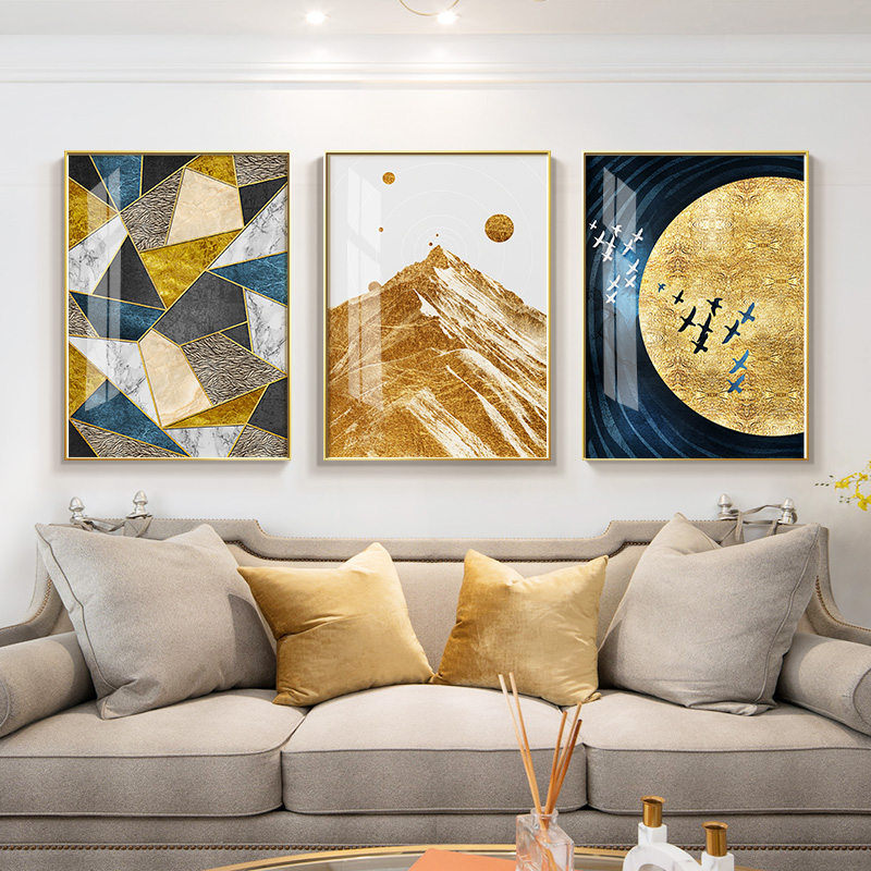 Gold Blue Geometric Sun Bird Mountain Canvas Art