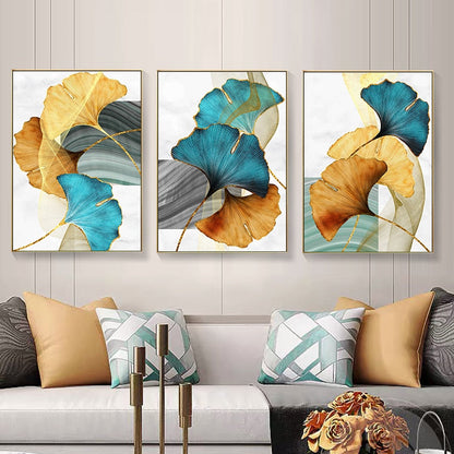 Blue Yellow Gold Leaf Abstract Canvas Art