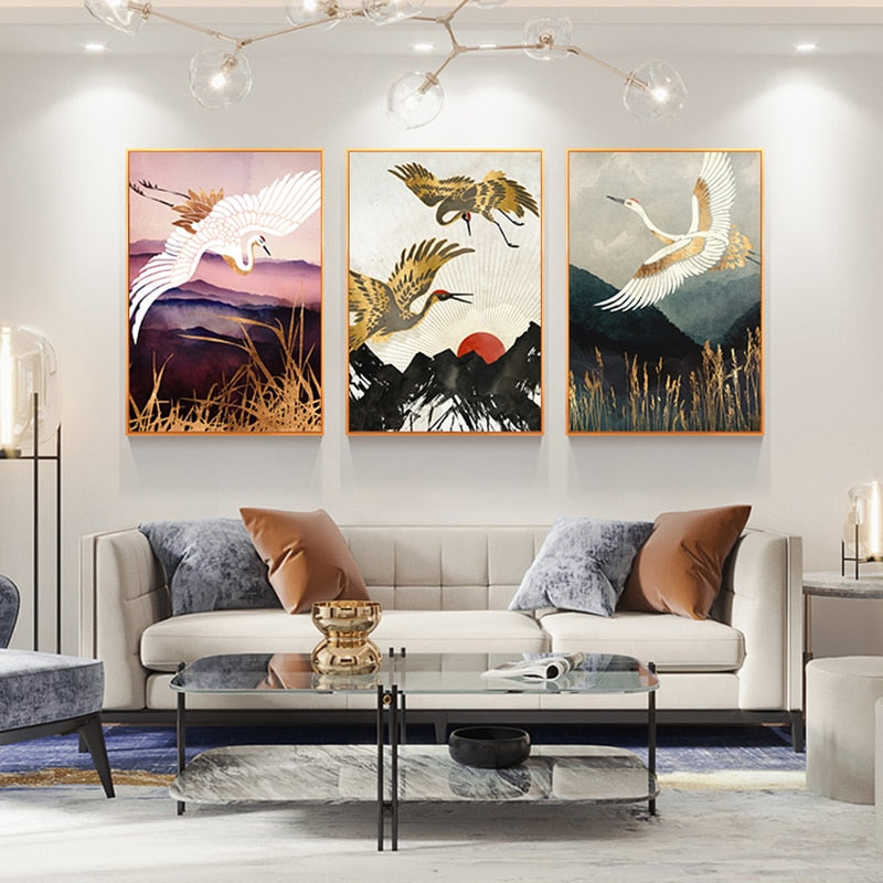 Flying Golden Crane Mountain Canvas Art