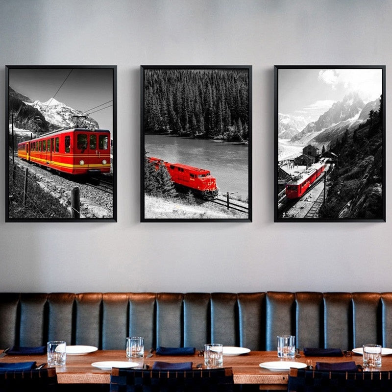 Rustic Red Train Snow Mountain Canvas Art