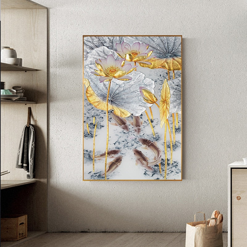 Luxurious Chinese Style Abstract Gold Lotus Carp Canvas Art