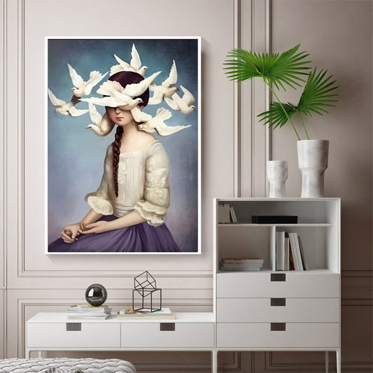 Girl and Pigeons Canvas Art