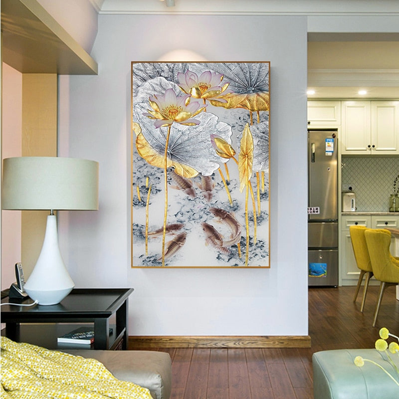 Luxurious Chinese Style Abstract Gold Lotus Carp Canvas Art