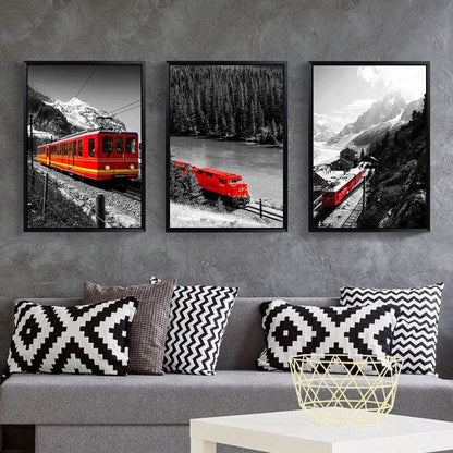 Rustic Red Train Snow Mountain Canvas Art