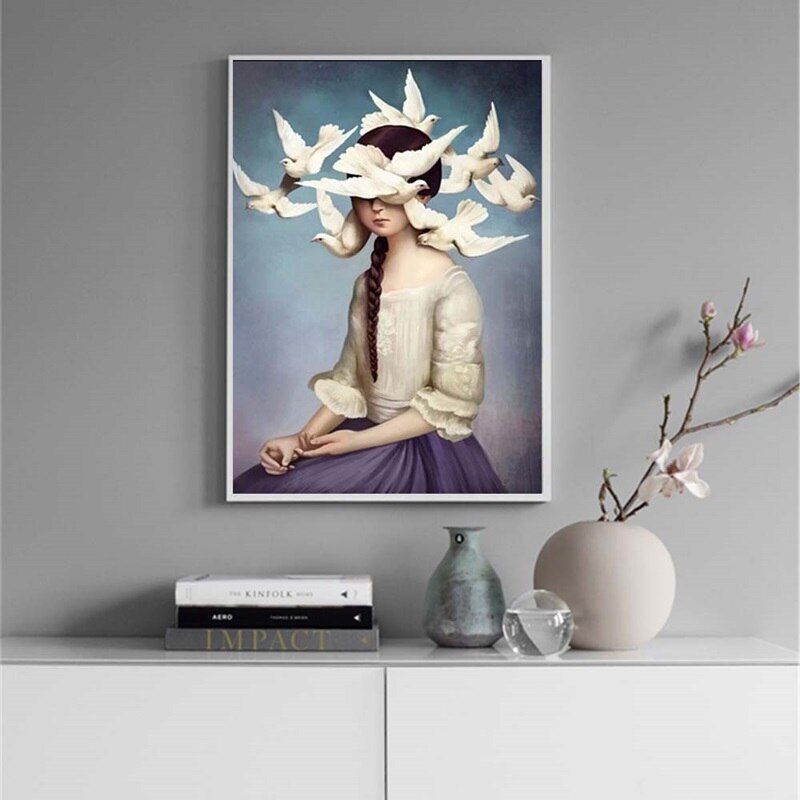 Girl and Pigeons Canvas Art