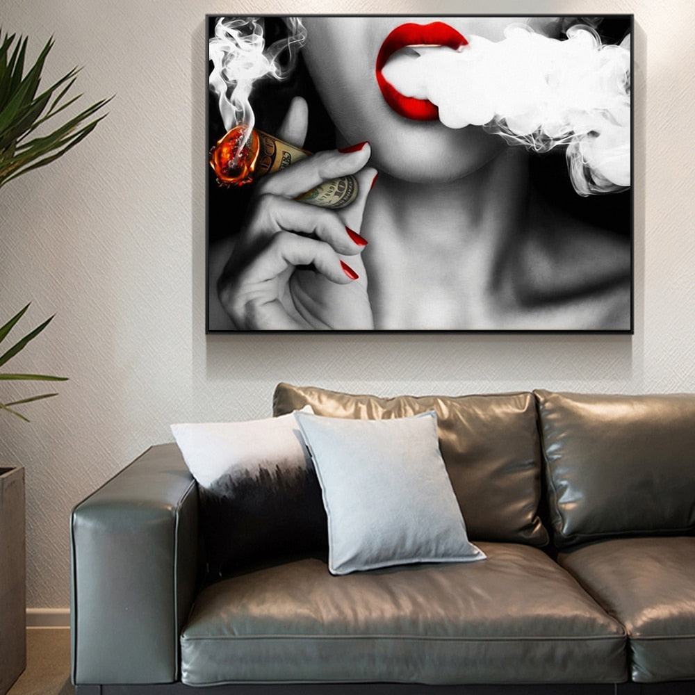 Sexy Girl Smoking A Cigar Canvas Art