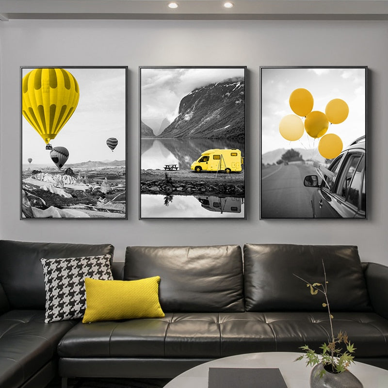 Black And White Yellow Hot Air Balloon Canvas Art