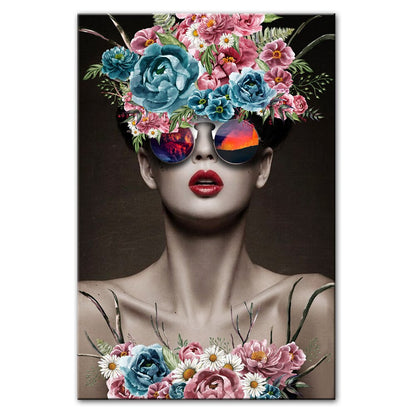 Modern Girl With Glasses Flowers Wall Art Canvas