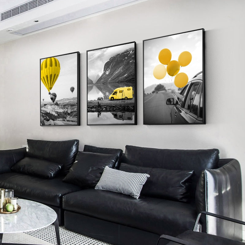 Black And White Yellow Hot Air Balloon Canvas Art